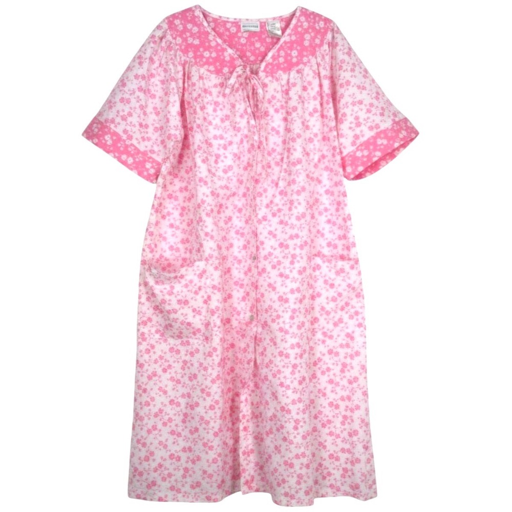 VTG KELLY REED White w/PINK FLORAL Snap-Up LOUNGE MuuMuu/Robe/Housecoat Sz L